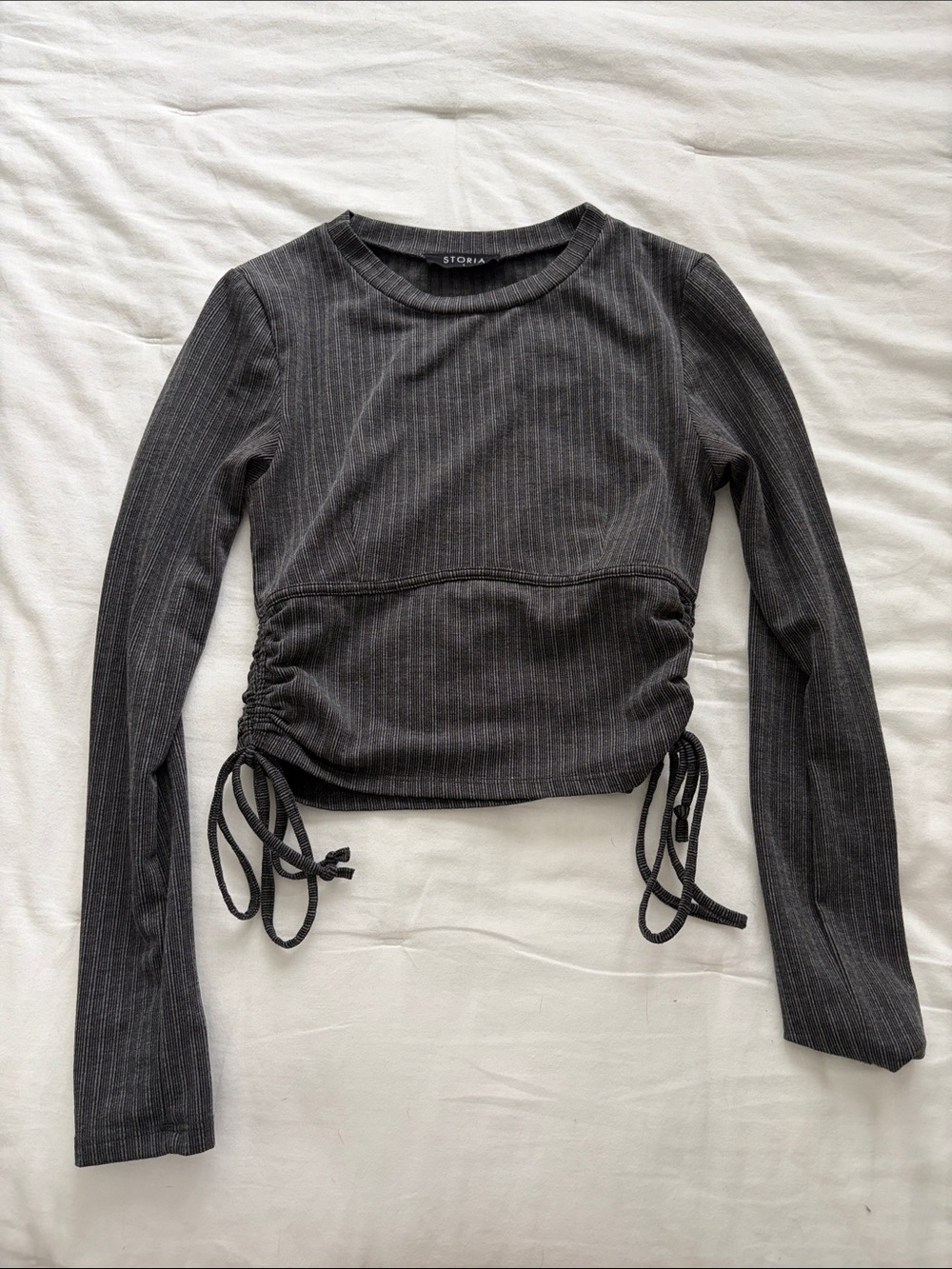 Storia Charcoal Ribbed Long Sleeve Side-Ruched Crop Top